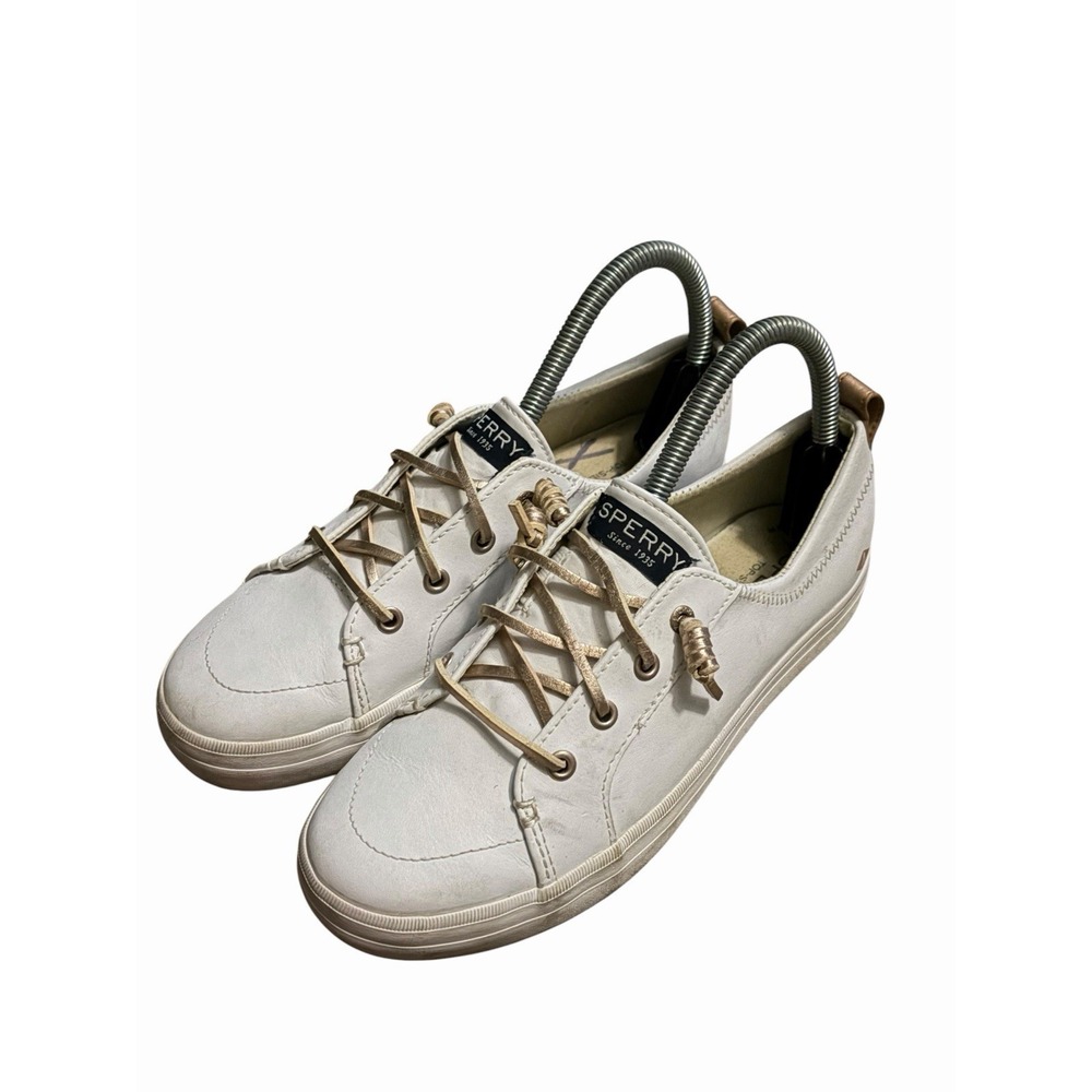 Sperry Top Sider Shoes 4 M White‎ Sneaker Gold Leather String Slip On Crest Vibe